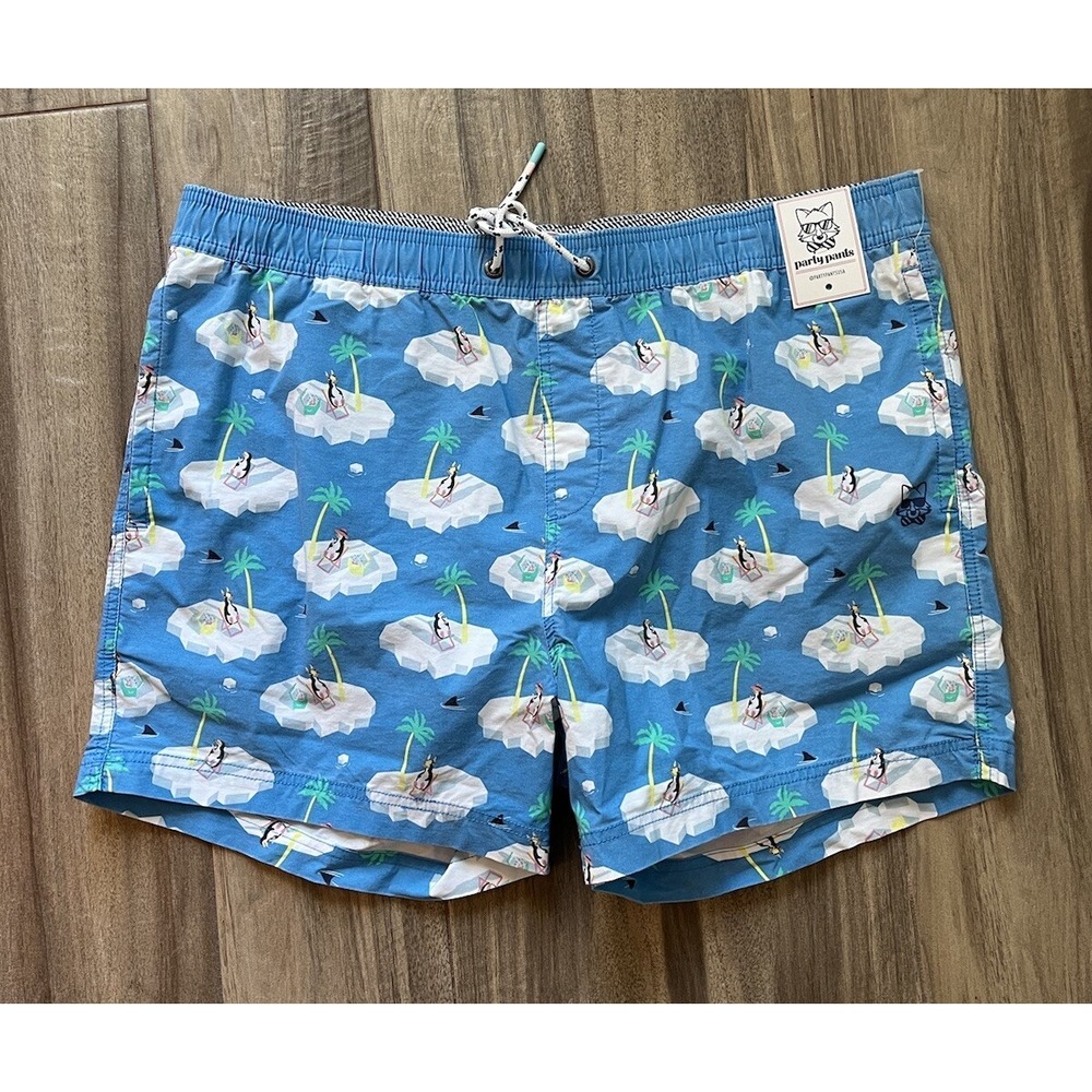 Party Pants Swim Trunks Mens XXL Penguin‎ Lounge Multicolor Blue Drawstrings New